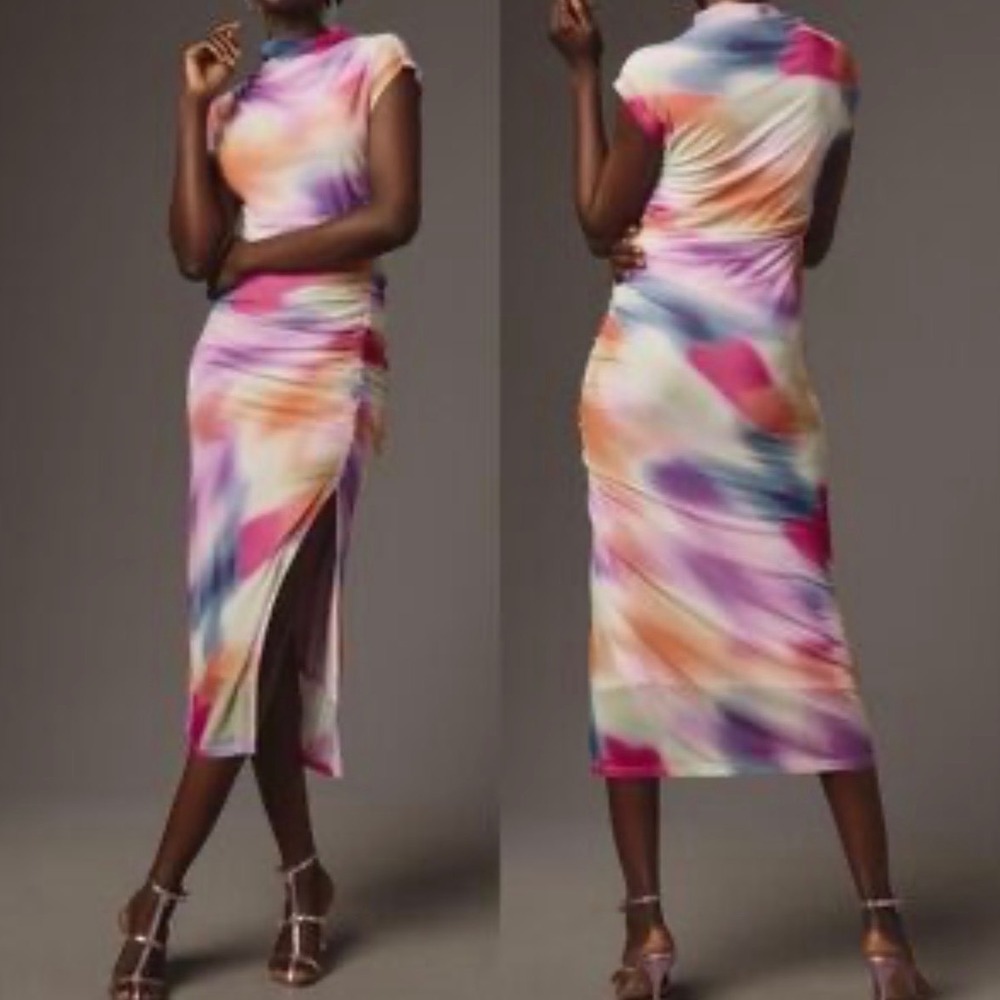Anthropologie Maya Watercolor Mesh Midi Dress Multicolor Ruched Slit XS NWOT (I)